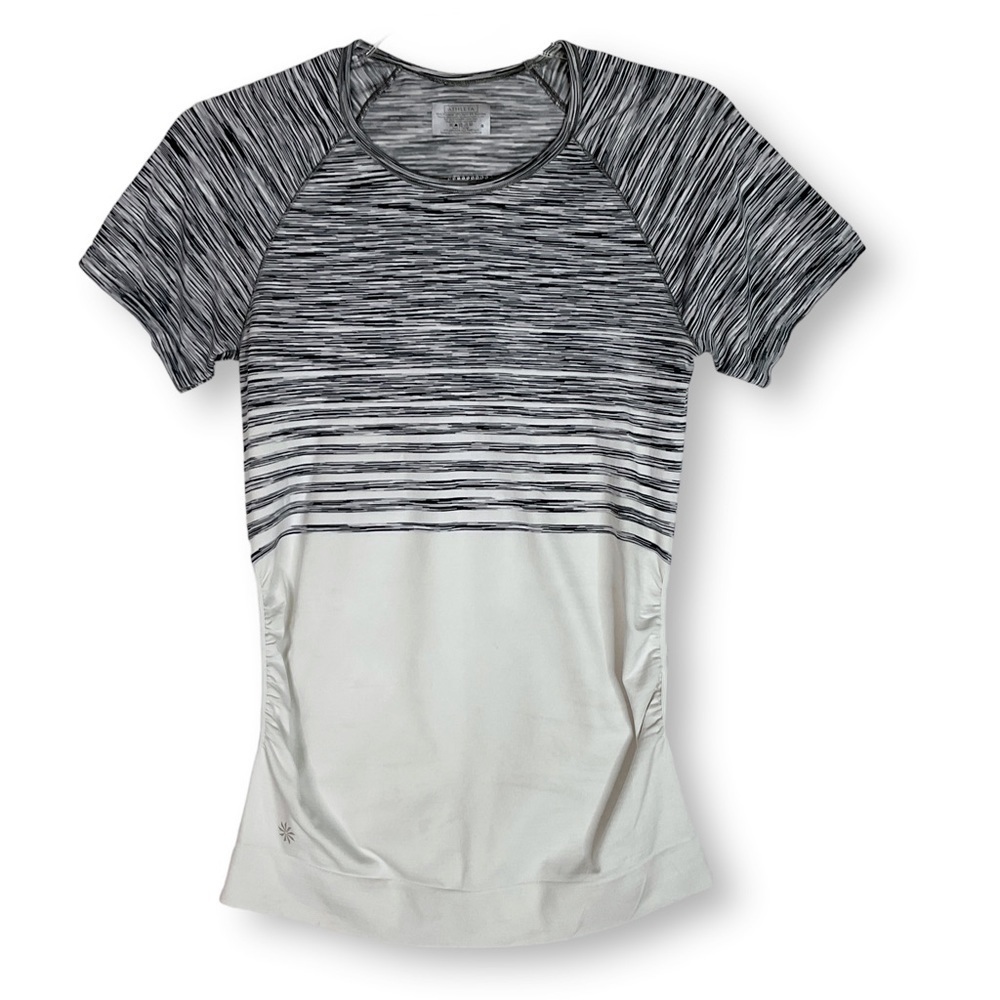 Athleta Finish Fast Space Dye Ruched Side Black White Short Sleeve Tee Sz S